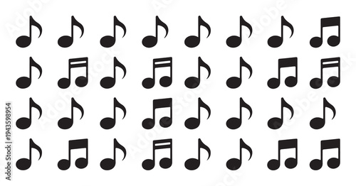 Assortment of musical notation symbols, vector graphics, various black music notes and rests