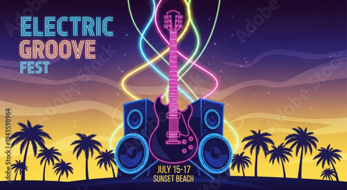 Vibrant neon guitar and speaker at electric groove fest with palm trees at sunset