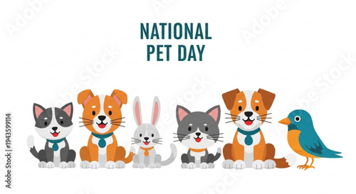 National pet day celebration with cute animals and bird