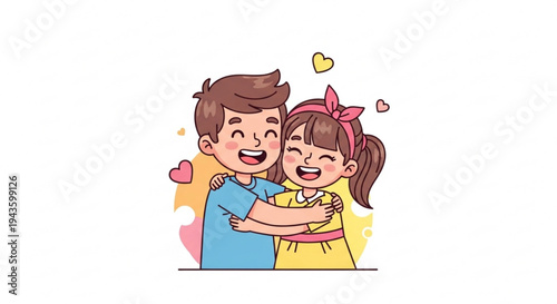 Smiling brother and sister hugging with hearts around them in colorful cartoon style