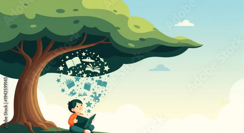 Boy sitting under tree with books and ideas floating out symbolizing learning and imagination in nature