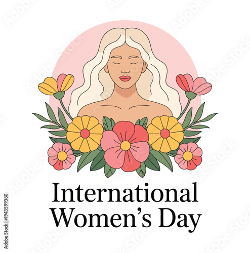 A vibrant illustration celebrating International Women's Day with a serene woman surrounded by colorful flowers