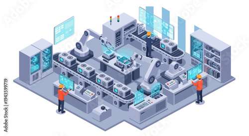 Isometric illustration of people working in a modern Smart Factory Industry 4.0 with machines and technology, conveying a business and industrial scene.