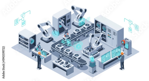 Isometric illustration of people working in a modern Smart Factory Industry 4.0 setting with machines and robotic arms in a factory layout.