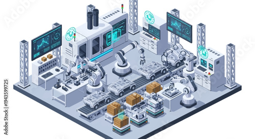 Isometric illustration of a Smart Factory Industry 4.0 with people working around machines and technology in a modern industrial layout.