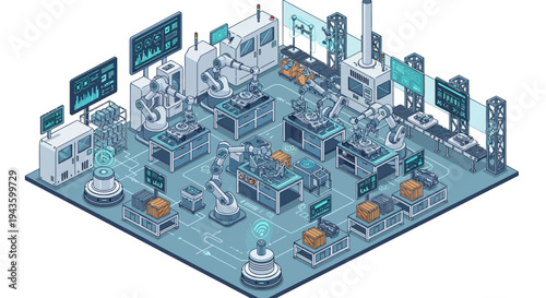 Isometric illustration of a smart factory with Industry 4.0 technology, featuring people working around machines and icons on a blue background, conveying a modern industrial scene.