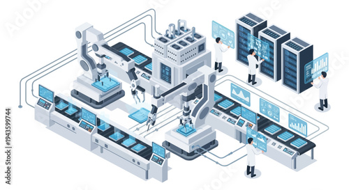 Isometric illustration of a smart factory with Industry 4.0 technology, featuring people working around machines and computers in a modern industrial layout with a blue and gray color