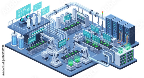 Isometric illustration of a Smart Factory Industry 4.0 with people working around machines and computers in a modern industrial layout.