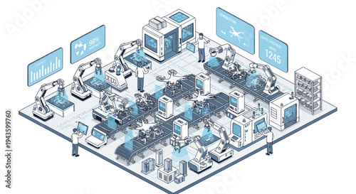 Isometric illustration of a Smart Factory Industry 4.0 with people working around machines and screens in a modern industrial layout, showcasing a futuristic business environment.