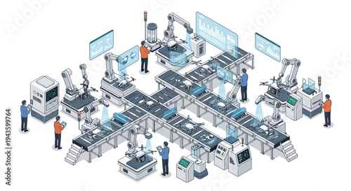 Isometric illustration of a smart factory with people working on machines and robots in an Industry 4.0 setting with a modern design layout on a white background.
