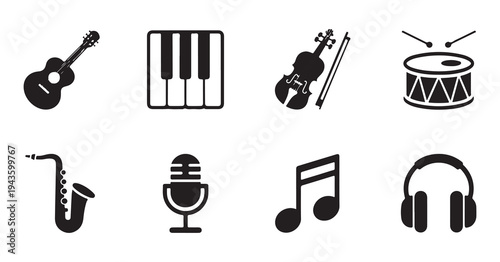 Set of black musical instrument icons including guitar piano violin drum saxophone microphone and headphones