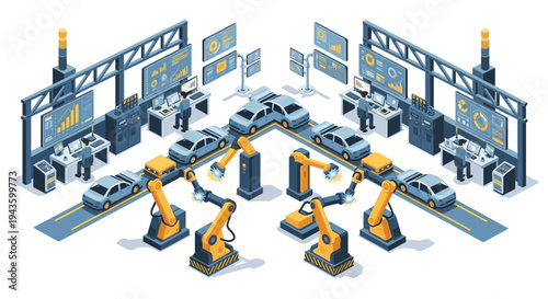 Isometric illustration of a smart factory with robotic arms and machines in an Industry 4.0 setting with people working in a modern layout.