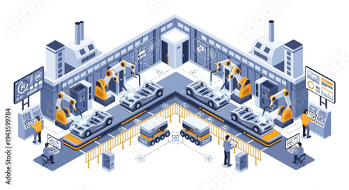Isometric illustration of a smart factory with people working around industrial machines and equipment in a modern Industry 4.0 layout with a blue and yellow color scheme.
