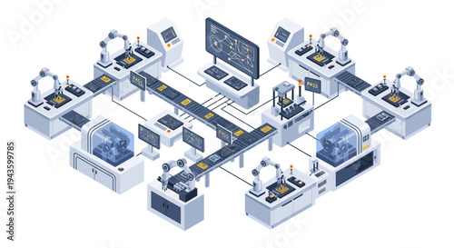 Isometric illustration of a smart factory with Industry 4.0 concept, featuring people working with machines and computers in a modern industrial layout.