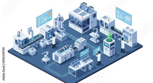 Isometric illustration of a smart factory with people working among various machines and equipment on a blue background, representing Industry 4.0 with a modern design layout.