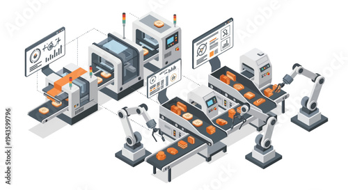 Isometric illustration of a smart factory with Industry 4.0 concept, featuring people and machines working together in a modern industrial setting with a focus on automation and technology.