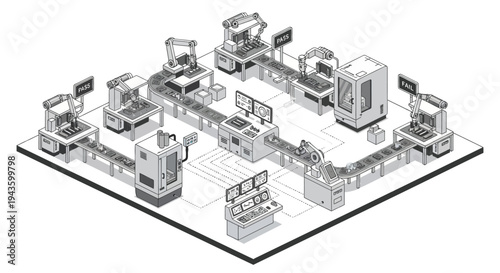 Isometric illustration of a smart factory with Industry 4.0 technology, featuring people working around machines and icons on a clean white background.