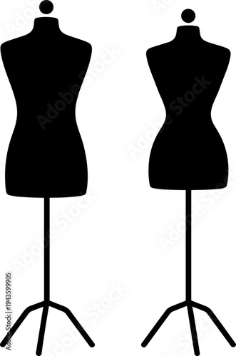 Set of Two Black Male and Female Tailor Mannequin Silhouettes on Adjustable Tripod Stands for Fashion Design Dressmaking and Clothing Display Flat Vector Illustration