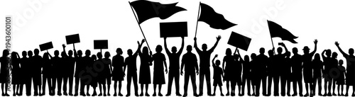 Silhouette of a large crowd of people protesting with flags and signs isolated on white background flat vector illustration design