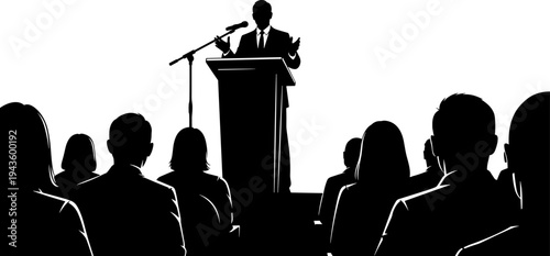 Silhouette of a professional male speaker giving a speech at a podium to an audience in a flat vector illustration style.