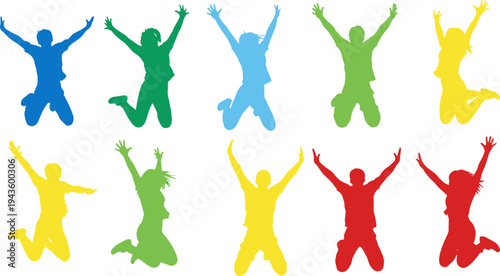 Silhouette set of diverse people jumping in celebration and success with raised arms in a flat colorful vector illustration style.Silhouette set of diverse people s 