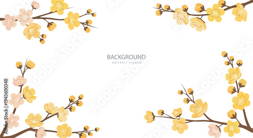 A minimalist white background adorned with yellow and pink plum blossom branches in each corner, creating a floral frame.