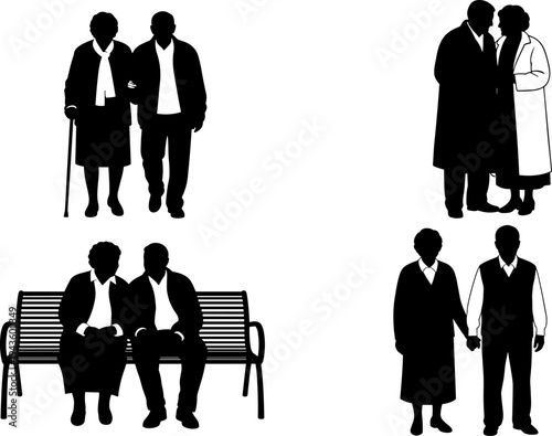 Silhouette set of elderly couples walking with cane sitting on bench and holding hands in a flat vector illustration style.