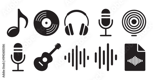 Music vector icons set including musical note, vinyl record, headphones, microphone, speaker, and waveform