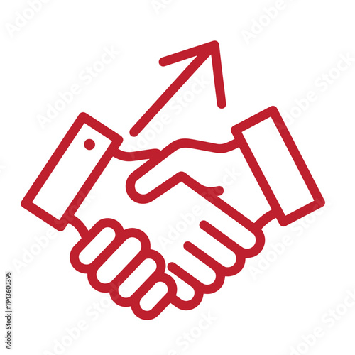 red handshake icon with upward arrow symbolizing partnership and growth in business and teamwork