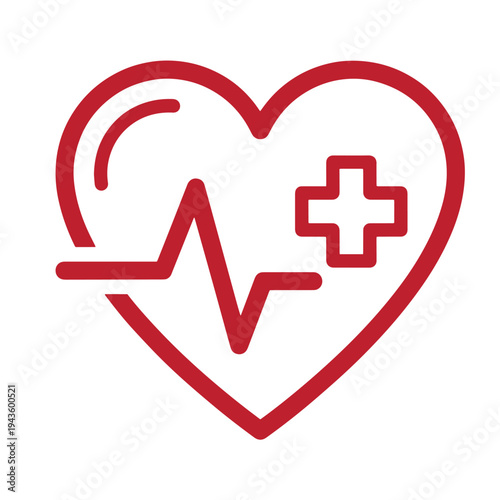 Red heart with medical cross and cardiogram line on white background