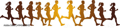 Silhouettes of a diverse group of male and female marathon runners jogging in a long line flat vector illustration design