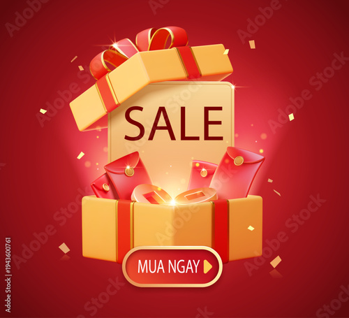 3d new year sale promo template red envelopes and cardboard flying out of large gift box 