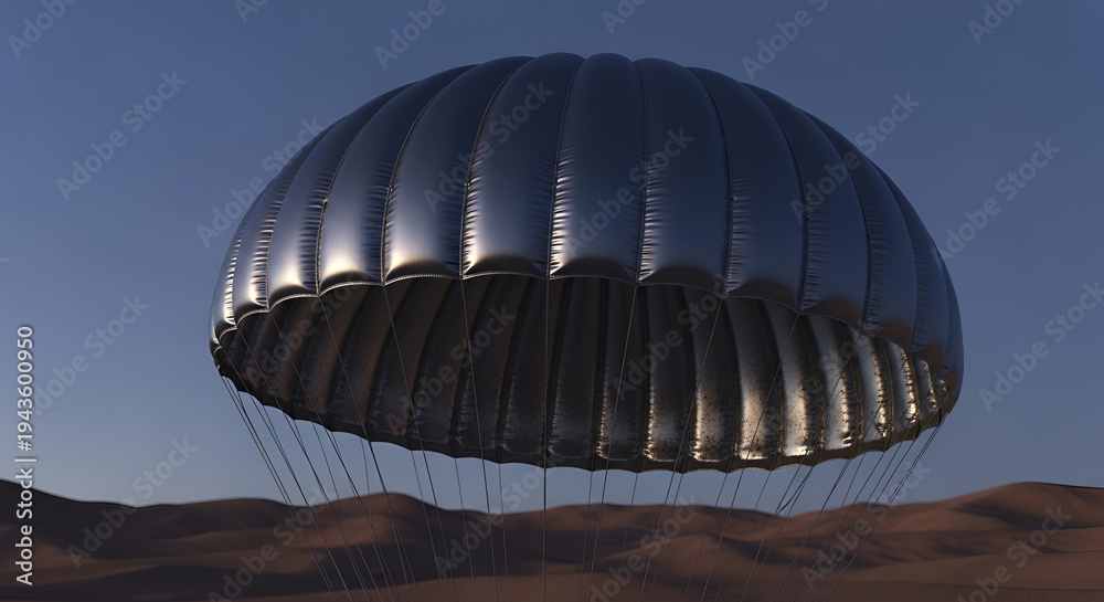 Obraz premium Metallic parachute over dusty dunes landscape dusk sky 3D rendering adventure travel engineering test concept design outdoor project