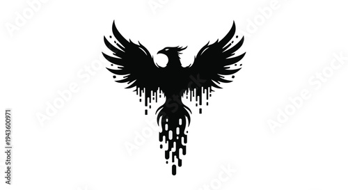 Mysterious black phoenix rising from ashes with dripping effect, symbolizing rebirth and transformation.