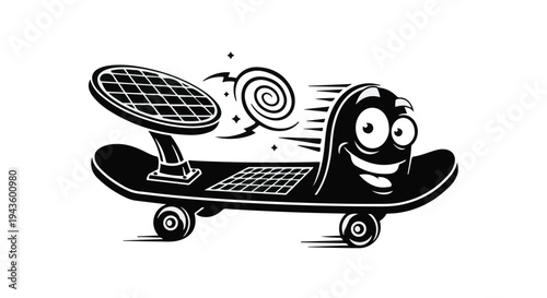 Energetic cartoon skateboard character with solar panel zooms forward with speed lines