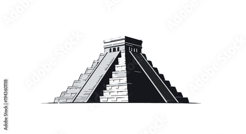 Ancient stone pyramid with steep stairs against a white background, historical architecture