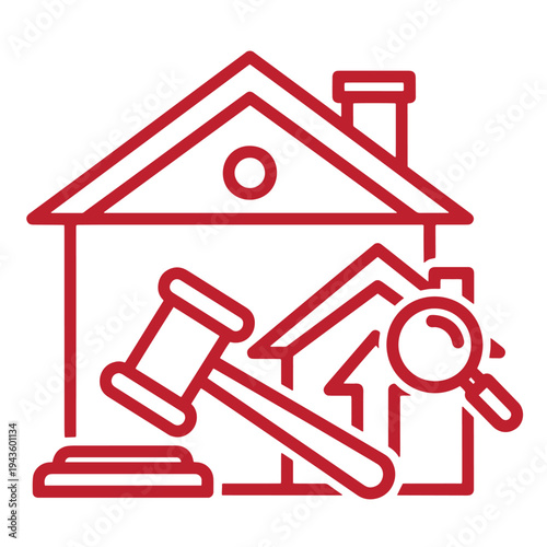 Red line icon of a house with a gavel and a magnifying glass  symbolizing real estate law and property inspection