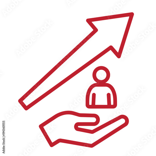 red line icon of a hand supporting a person with an upward arrow pointing upwards
