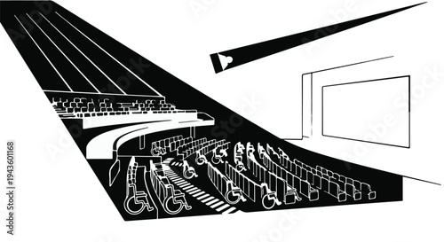 Modern auditorium with tiered seating and stage, ready for performance or presentation