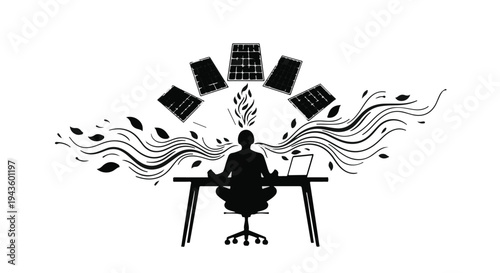 Person meditating at desk surrounded by flowing lines and musical notes, symbolizing creative inspiration.