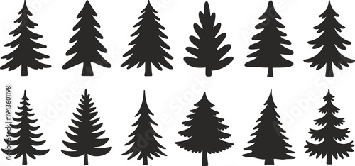 WebTree silhouette collection, coniferous pine fir spruce, deciduous leafless forms, diverse woodland shapes, natural forest landscape, eco environment, flat vector illustration