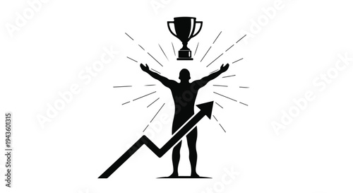 Silhouette of a triumphant person with arms raised, celebrating success with a trophy and rising graph symbolizing achievement.