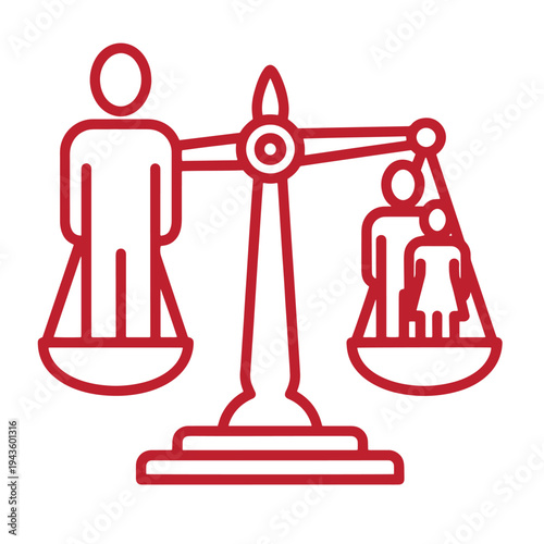 Red line icon of unequal scales with a large man on one side and a small woman and child on the other side symbolizing gender inequality and discrimination