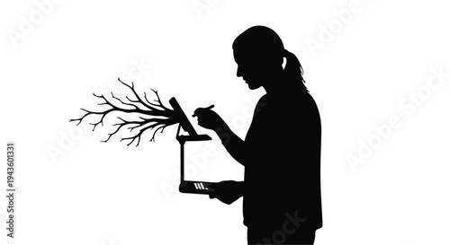 Silhouette of a person interacting with a digital device connected to a growing tree concept