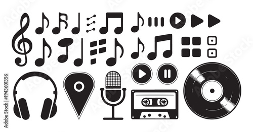 Music vector icons set including treble clef, musical notes, play button, headphones, cassette, vinyl record