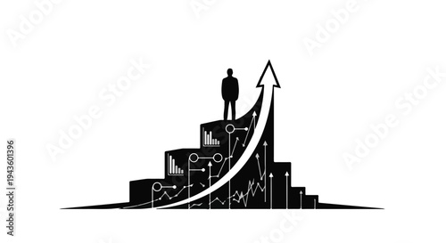 Silhouette of a person standing at the top of a rising graph, symbolizing success and growth.