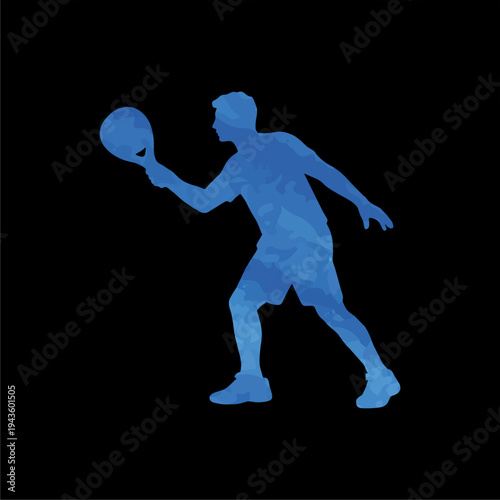 Artistic blue silhouette of a padel player performing a backhand stroke, suitable for dynamic sports marketing visuals.