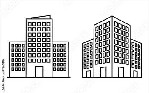 Architectural drawing of two modern buildings