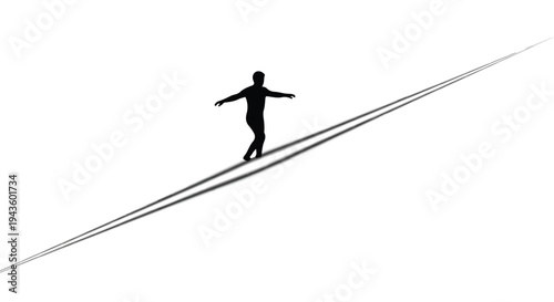 Silhouette of a person balancing carefully on a thin tightrope against a bright, minimalist background.