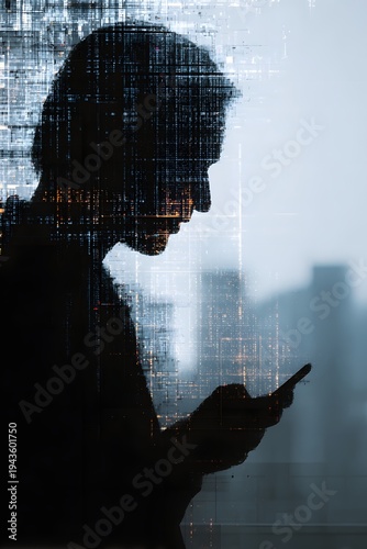Silhouette of person Using Smartphone at Night, Digital Life and Modern Isolation Concept